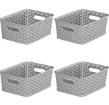 4x Curver Nestable Rattan Basket Small Storage Plastic Wicker Tray 8L - Grey