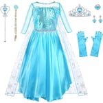 Kostym Barn Flickor 9 Delar Set ELSA Klänning Barn med Krona Tiara Handskar Trollstav för Jul Maskerad Karneval Halloween Födelsedagsfest 110cm