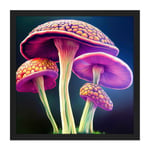Fantasy Magic Mushrooms Vibrant Colour Fungi Modern Illustration Square Framed Wall Art Print Picture 16X16 Inch