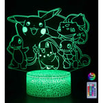 BLEOSAN Veilleuse Lampe de nuit 3D Pokemon Pikachu chevet led télécommande Touche 16 Couleurs Changeantes Prise usb