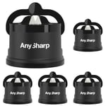 AnySharp Knife Sharpener, Hands-Free Safety, PowerGrip Suction, Safely Sharpens All Kitchen Knives, Ideal for Hardened Steel & Serrated, World's Best, Compact, One Size, Black (Pack of 5)