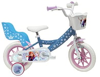 Vélo ATLAS Vélo 12'' Fille Reine des Neiges/Frozen équipé de 1 Frein, Panier Avant, Porte poupée arrière, Garde boues, Carter et stabilisateurs enffant, Bleu Ciel
