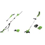 Greenworks G24PSHK2 Cordless 2-in-1 Pole Saw and Pole Hedge Trimmer with Shoulder Strap & G24LT30MK2 Cordless Strimmer Wheeled Lawn Edger, 30cm Cutting Width