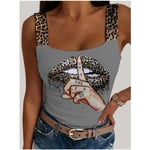 Sexig Dam T-shirt Leopard Läppar Tryckt Ärmlös Kort Blus Mode Fest Klubb Sommar Ärmlös Streetwear Korsett Toppar GREY S