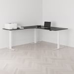 Höj och sänkbart hörnskrivbord, vänstersvängt, vitt stativ, svart bordsskiva 180x200cm