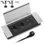 Prise Encastrable Plan de Travail Cuisine USB C PD20W, Aluminium Multiprise Electrique Encastrable, Bloc Prise Encastrable 2 Prises, USB-A, HDMI e RJ45, 2400W/10A, 2M Câble