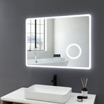 Miroir de salle de bain led 80x60cm avec anti-buée et Bluetooth led éclairage Réglable Miroir Lumière Cosmétique 3x Loupe Miroirs, Commutateur