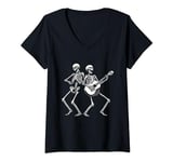 Womens Skeleton Playing Guitar Band - Rock Style Halloween Graphic V-Neck T-Shirt