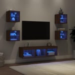 Tv-møbel til væg 7 dele med LED-lys konstrueret træ brunt eg