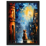 Artery8 A Street Cat Named Desire Palette Knife Oil Painting Ginger Cat Village Night Artwork Framed Wall Art Print A4