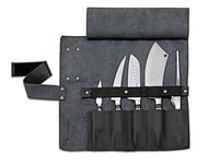 F.DICK 1905 8196800-01 Leather Roll-Up Bag (5 Pieces, Black, Contents: Office Knife, Cutting Knife, Santoku, Chef's Knife, Buffet Tweezers)