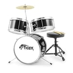 Tiger Junior Kids Drum Kit, 3 Piece Beginners Childrens Drum Set with Snare, Tom, Bass Drum, Bass Drum Pedal, Cymbal and Sticks - Black