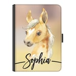 Personalised Initial Case For Apple iPad 6 (2018) (6th Gen) 9.7 inch, Palomino Pony Horse with Name/Text, 360 Swivel Leather Side Flip Folio Cover, Horse Ipad Case with Initials