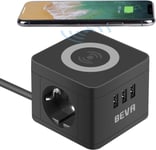 Cube Multiprise USB 2 Prises avec 3 USB 5V/2.4A Multiprise Electrique avec Chargeur sans Fil 10W Universel Qi Multiprises Parafoudre de Voyage avec Interrupteur Cable 1.5m - Noir