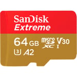 SanDisk Extreme microSDXC V30 A2 64GB 160MB/s -muistikortti + SD-adapteri