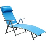 Transat chaise longue bain de soleil pliable dossier inclinable multi-positions têtière fournie 137L x 64l x 101H cm métal époxy textilène bleu