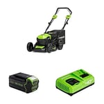 Greenworks Cordless Lawnmower 40V 46cm Brushless Mower Incl. Battery 5Ah and Fast Charger, Up to 750m² Self-Propelled Mulching Side Discharge 55L 7-Position Height Adjustment GD40LM46SPK5