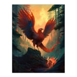 Majestic Phoenix Bird Spreading Wings Concept Painting Mythical Creature Rising From Fire Ashes in Enchanted Forest Landscape Unframed Wall Art Print