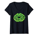 Womens Green Shamrock Lips Kiss St Patricks Day Irish Women Gift V-Neck T-Shirt