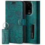 SURAZO Étui de Protection en Cuir véritable pour Redmi Note 13 Pro Plus 5G, Rabat, magnétique, Compartiment pour Cartes, Protection RFID, Motif Floral, Turquoise