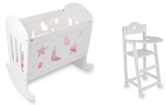 SET OF Dolls White Varnished Rocking Wooden Cradle Cot Bed and Matching High Chair Toy