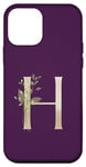 Coque pour iPhone 12 mini Lettre H élégante feuille d'or monogramme couleur prune avec verdure