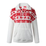 Women Plush Sweater Zipper Pocket Christmas Print Sweatshirts White Xl