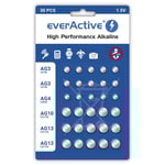 Set med 30 st alkaliska knappceller everActive