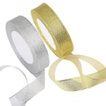 Organza Ribbon, 2Pcs Glitter Craft Trimmings Decorative Ribbon for Wrapping Mother's Day Holiday Gifts Craft, Gold and Silver