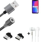 Magnetic charging cable + earphones for Lenovo S5 Pro + USB type C a. Micro-USB