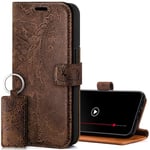 SURAZO Protective Phone Case For Apple iPhone 15 Case - Genuine Leather RFID Wallet with Card Holder, Magnetic Closure, Stand - Flip Cover Full Body Casing Screen Protector (Floral Brown)