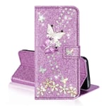 QC-EMART for Samsung Galaxy A12 Phone Wallet Case Glitter Butterfly Purple PU Leather Flip Folio Case Cover with Card Holders Magnetic Closure Phone Holster for Samsung Galaxy A12