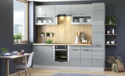 Kitchen Cabinets Set Slim Larder Oven Housing 8 Unit Light Grey Gloss 260cm Star