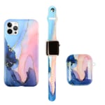 Makzib Matching Case compatible with iPhone 11pro,Airpods case 1& 2 & pro 3 gen with Watch band.Marble design Thin slim Glossy 3 in 1 protective cases (38mm 40mm Airpods 1&2, Marble Pink & Blue)