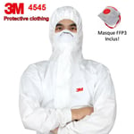 PACK Vêtements de protection à capuche Combinaison 3M 4545, Taille XL + Masque FFP3 - Contre particules sèches, éclaboussures chimiques, Anti-poussière, particules nocives, liquides peu dangereux