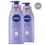 NIVEA Lait Hydratant Douceur 48h (2 x 400 ml), Soin corporel enrichi en concentré de soin NIVEA & en beurre de karité, Lait hydratation intense pour peaux sèches