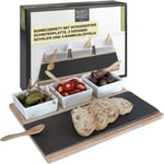 Moritz & Moritz Slate Serving Platters Set - Bamboo Tray with White Ceramic Bowls and Spoons - for Dips Snacks and Starters