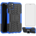 Phone Case for iPhone 11 Pro 2019 with Tempered Glass Screen Protector and Stand Kickstand Hard Rugged Hybrid Accessories Heavy Duty Rubber Shockproof iPhone11pro iPhone11 11s 11p 11pro XI Blue