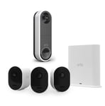 Arlo Pro3 Smart Home Security Camera CCTV system and Wireless Video Doorbell bundle, 3 Camera kit, white