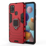 HAOTIAN Case for Samsung Galaxy A21S, 360 degree Rotating Ring Holder Kickstand Heavy Duty Armor Shockproof Cover, Double Layer Design Silicone TPU + Hard PC Case with Magnetic Car Mount. Red