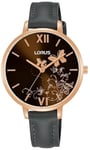 BRAND NEW LADIES LORUS WATCH BLACK DIAL GOLD BUTTERFLY DETAIL GREY LEATHER STRAP