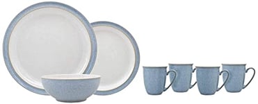 Denby 381048781 12 Piece Dinner Set, Blue & 381048918 Elements 4 Piece Coffee/Beaker Mug Set, Blue
