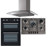 SIA 60cm Black Built In Double Fan Oven, 70cm 5 Burner Gas Hob And Curved Hood
