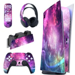 playvital Purple Galaxy Full Set Skin Decal for ps5 Console Digital Edition,Sticker Vinyl Decal Cover for ps5 Controller & Charging Station & Headset & Media Remote