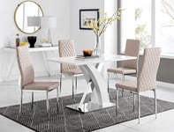 Atlanta White High Gloss and Chrome 4 Seater Dining Table with X Shaped Legs and 4 Faux Leather Milan Chairs