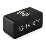Digital Väckarklocka med trådlös laddning i betsat svart trä, snooze, tid/datum