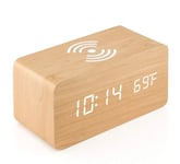 Digital Väckarklocka med trådlös laddning i betsat ljust trä, snooze, tid/datum