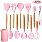 CNKL Cooking and Baking 11-Piece Set, Kitchen Utensils Silicone Spatula Spoon Wooden Handle Non-Stick pan Heat-Resistant cookware (Pink)
