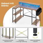 L-format skrivbord med eluttag & LED-belysning Speldatorbord Rustik Brun