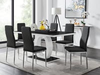 Giovani Rectangular 6 Seat White High Gloss Unique Halo Dining Table Black Glass Top 6 Faux Leather Silver Leg Milan Chairs
